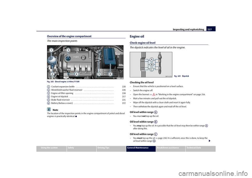 SKODA SUPERB 2010 2.G / (B6/3T) Owners Manual Inspecting and replenishing217
Using the system
Safety
Driving Tips
General Maintenance
Breakdown assistance
Technical Data
Overview of the engine compartment
The main inspection pointsFig. 182  Diese