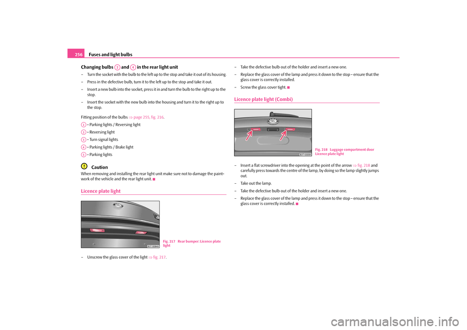 SKODA SUPERB 2010 2.G / (B6/3T) Owners Manual Fuses and light bulbs
256
Changing bulbs and in the rear light unit
– Turn the socket with the bulb to the left up to the stop and take it out of its housing.
– Press in the defective bulb, tu SKODA SUPERB 2010 2.G / (B6/3T) Owners Manual Fuses and light bulbs
256
Changing bulbs and in the rear light unit
– Turn the socket with the bulb to the left up to the stop and take it out of its housing.
– Press in the defective bulb, tu