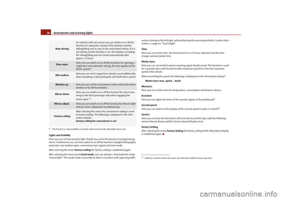 SKODA SUPERB 2010 2.G / (B6/3T) User Guide Instruments and warning lights
26
Lights and Visibility
Here you can set how long the light should  stay on for the function Coming/Leaving 
Home. Furthermore you can here switch on or  off the functi