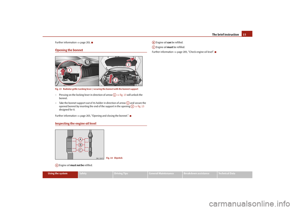 SKODA YETI 2010 1.G / 5L Owners Manual The brief instruction15
Using the system
Safety
Driving Tips
General Maintenance
Breakdown assistance
Technical Data
Further information 
page 201.
Opening the bonnetFig. 13  Radiator grille: Locki