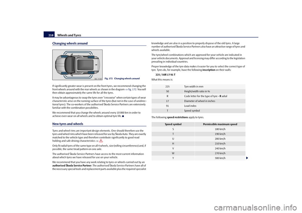 SKODA YETI 2010 1.G / 5L Owners Manual Wheels and Tyres
218
Changing wheels aroundIf significantly greater wear is present on the front tyres, we recommend changing the 
front wheels around with the rear wheels as shown in the diagram  