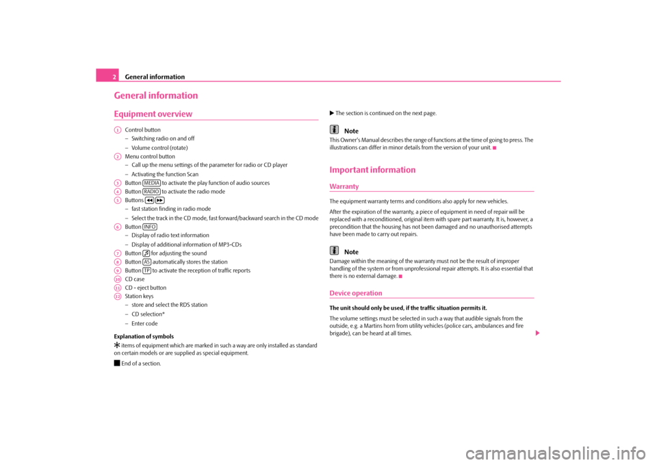 SKODA SUPERB 2010 2.G / (B6/3T) Swing Car Radio Manual General information
2
General informationEquipment overview
Control button
 Switching radio on and off
 Volume control (rotate)
Menu control button 
 Call up the menu settings of the paramete
