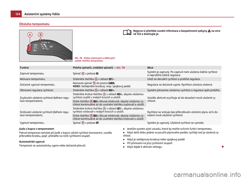 SKODA CITIGO 2011 1.G Owners Manual Obsluha tempomatu
Obr. 78  Páčka směrových a dálkových
světel: tlačítka tempomatu.
Nejprve si přečtěte úvodní informace a bezpečnostní pokyny   na stra-
ně 123 a dodržujte je. ä
Fun
