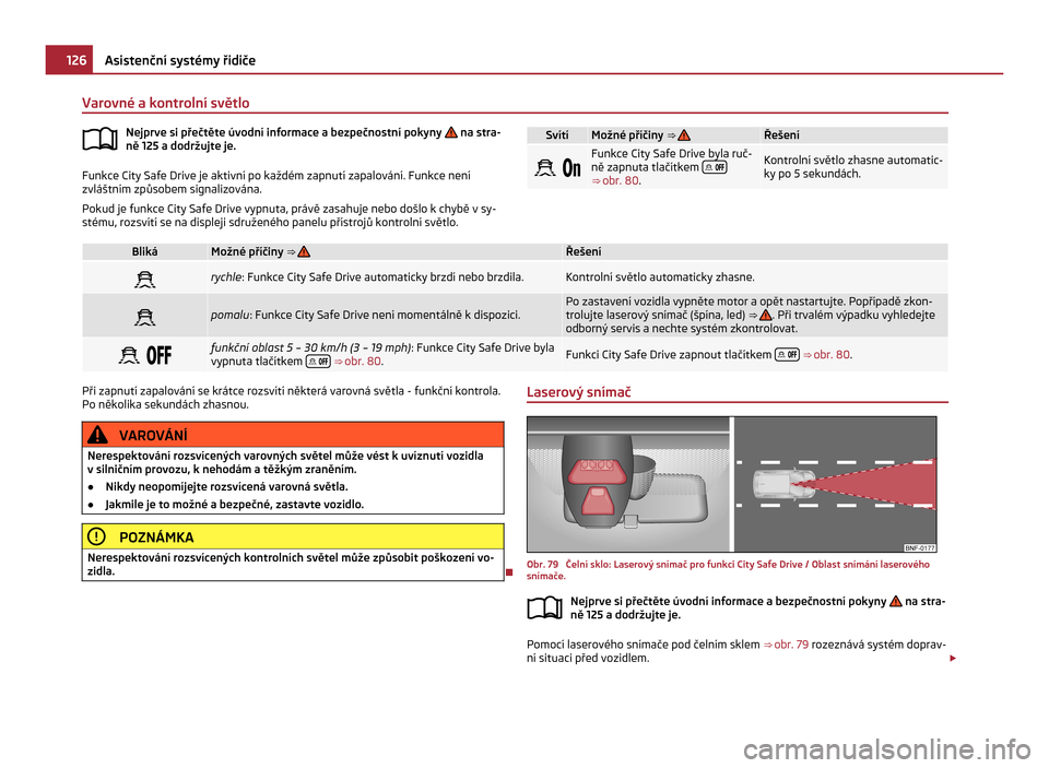 SKODA CITIGO 2011 1.G Owners Manual Varovné a kontrolní světlo
Nejprve si přečtěte úvodní informace a bezpečnostní pokyny   na stra-
ně 125 a dodržujte je. Funkce City Safe Drive je aktivní po každém zapnutí zapalování