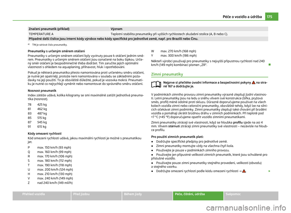 SKODA CITIGO 2011 1.G Owners Manual Značení pneumatik (příklad) Význam
TEMPERATURE A Teplotní stabilita pneumatiky při vyšších rychlostech zkušební stolice (A, B
 nebo C).Případné další číslice jsou interní kódy vý