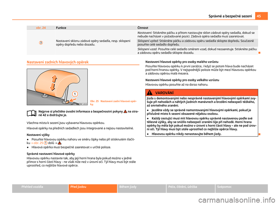 SKODA CITIGO 2011 1.G Service Manual obr. 24 Funkce Činnost
3 Nastavení sklonu zádové opěry sedadla, resp. sklopení
opěry dopředu nebo dozadu. Nastavení:
 Stiskněte páčku a  přitom nastavujte sklon zádové opěry sedadla, d