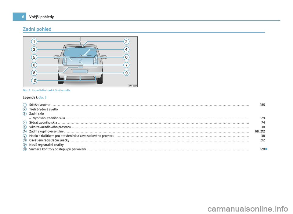 SKODA CITIGO 2011 1.G Owners Manual Zadní pohled
Obr. 3  Uspořádání zadní části vozidla
Legenda k obr. 3
Střešní anténa  . . . . . . . . . . . . . . . . . . . . . . . . . . . . . . . . . . . . . . . . . . . . . . . . . . . .