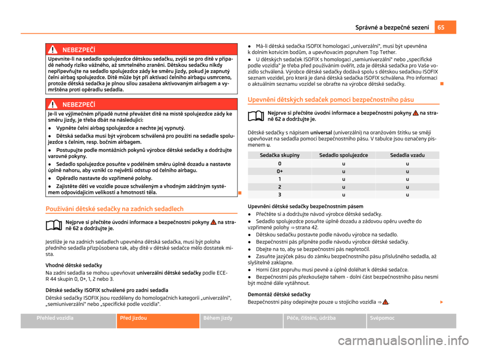 SKODA CITIGO 2011 1.G Owners Manual NEBEZPEČÍ
Upevníte-li na sedadlo spolujezdce dětskou sedačku, zvýší se pro dítě v přípa-
dě nehody riziko vážného, až smrtelného zranění. Dětskou sedačku nikdy
nepřipevňujte na