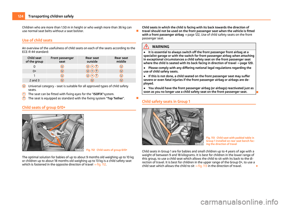 SKODA FABIA 2011 2.G / 5J Owners Manual Children who are more than 1.50 m in height or who weigh more than 36 kg can
use normal seat belts without a seat bolster.
Use of child seats An overview of the usefulness of child seats on each o SKODA FABIA 2011 2.G / 5J Owners Manual Children who are more than 1.50 m in height or who weigh more than 36 kg can
use normal seat belts without a seat bolster.
Use of child seats An overview of the usefulness of child seats on each o