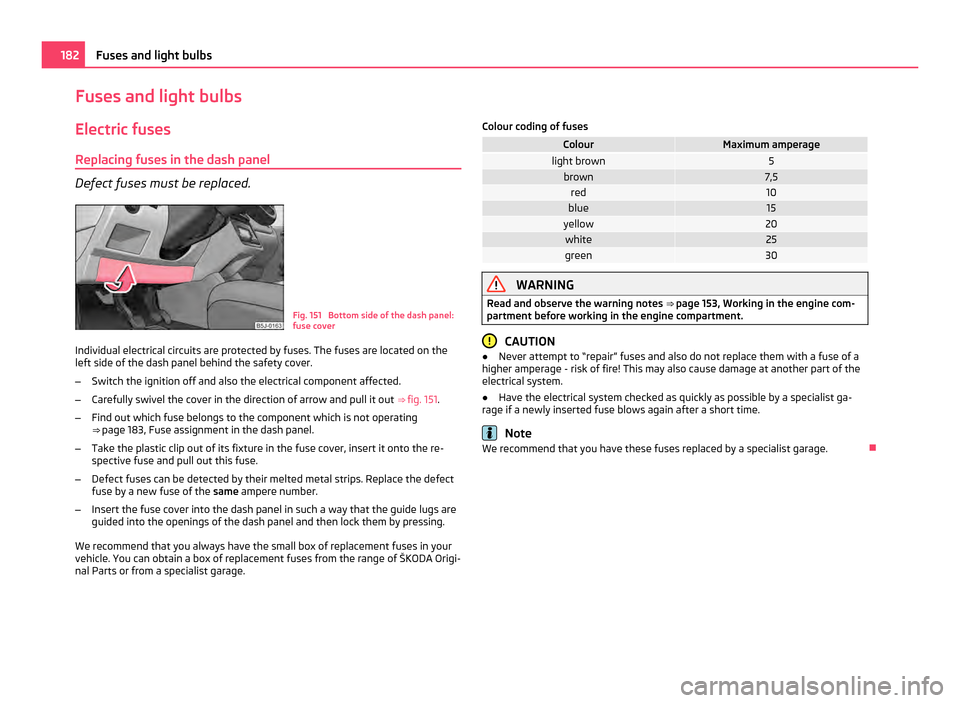 SKODA FABIA 2011 2.G / 5J Owners Manual Fuses and light bulbs
Electric fuses Replacing fuses in the dash panel Defect fuses must be replaced.
Fig. 151 Bottom side of the dash panel:
fuse cover
Individual electrical circuits are protected b SKODA FABIA 2011 2.G / 5J Owners Manual Fuses and light bulbs
Electric fuses Replacing fuses in the dash panel Defect fuses must be replaced.
Fig. 151 Bottom side of the dash panel:
fuse cover
Individual electrical circuits are protected b
