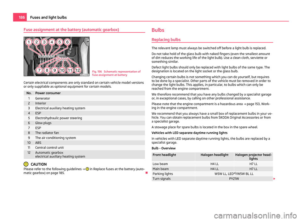 SKODA FABIA 2011 2.G / 5J Owners Manual Fuse assignment at the battery (automatic gearbox)
Fig. 156 Schematic representation of
fuse assignment at battery
Certain electrical components are only standard on certain vehicle model versions
or SKODA FABIA 2011 2.G / 5J Owners Manual Fuse assignment at the battery (automatic gearbox)
Fig. 156 Schematic representation of
fuse assignment at battery
Certain electrical components are only standard on certain vehicle model versions
or