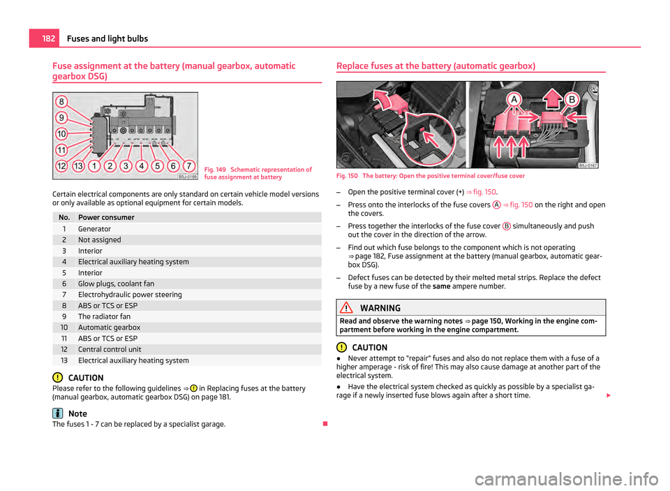 SKODA ROOMSTER 2011 1.G Owners Manual Fuse assignment at the battery (manual gearbox, automatic
gearbox DSG) Fig. 149  Schematic representation of
fuse assignment at battery
Certain electrical components are only standard on certain vehic