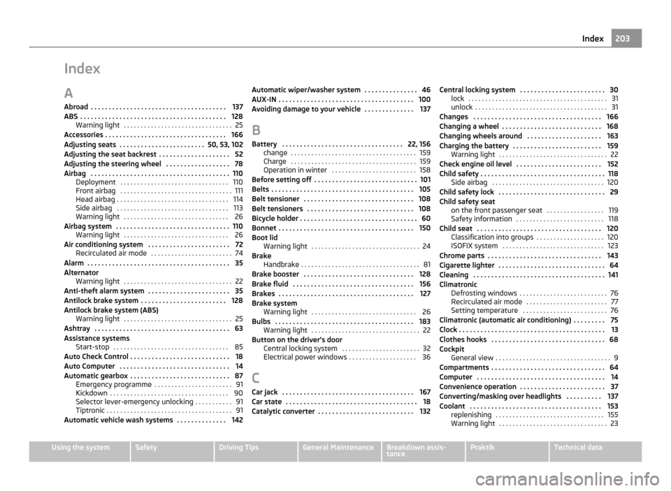 SKODA ROOMSTER 2011 1.G Manual PDF Index
A
Abroad  . . . . . . . . . . . . . . . . . . . . . . . . . . . . . . . . . . . . . . 137
ABS  . . . . . . . . . . . . . . . . . . . . . . . . . . . . . . . . . . . . . . . . . 128 Warning light