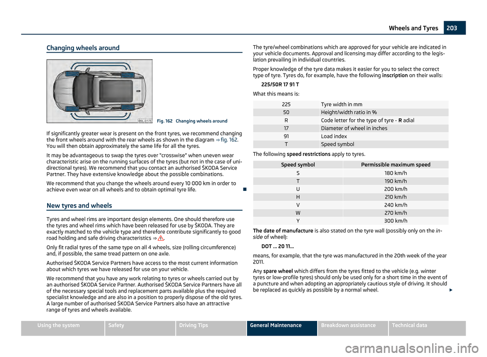 SKODA YETI 2011 1.G / 5L Owners Manual Changing wheels around
Fig. 162  Changing wheels around
If significantly greater wear is present on the front tyres, we recommend changing
the front wheels around with the rear wheels as shown in the 