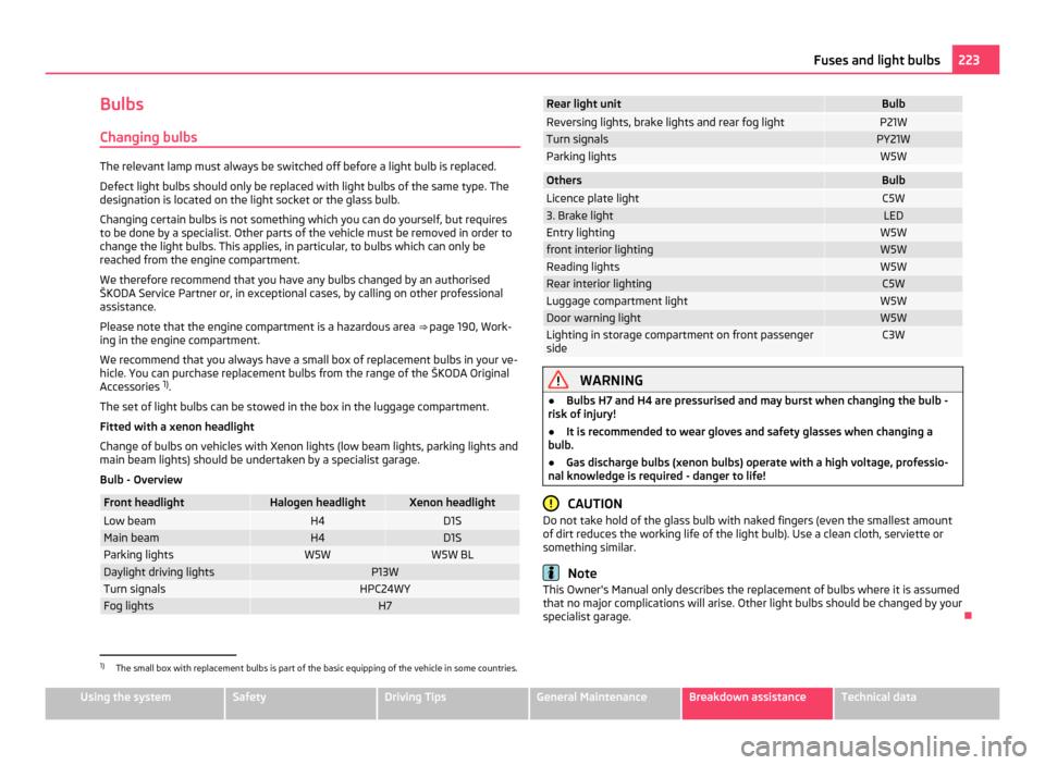 SKODA YETI 2011 1.G / 5L Owners Manual Bulbs
Changing bulbs The relevant lamp must always be switched off before a light bulb is replaced.
Defect light bulbs should only be replaced with light bulbs of the same type. The
designation is loc