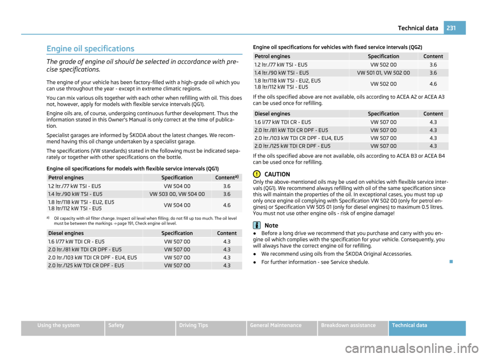 SKODA YETI 2011 1.G / 5L Owners Manual Engine oil specifications
The grade of engine oil should be selected in accordance with pre-
cise specifications.
The engine of your vehicle has been factory-filled with a high-grade oil which you
can