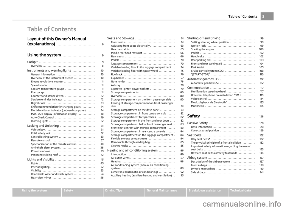 SKODA YETI 2011 1.G / 5L Owners Manual Table of Contents
Layout of this Owners Manual
(explanations)
 . . . . . . . . . . . . . . . . . . . . . . . . . . . . . . . 6
Using the system  . . . . . . . . . . . . . . . . . . . . . . . . . . 9
