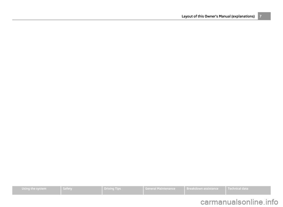 SKODA YETI 2011 1.G / 5L Owners Manual 7
Layout of this Owners Manual (explanations) Using the system Safety Driving Tips General Maintenance Breakdown assistance Technical data SKODA YETI 2011 1.G / 5L Owners Manual 7
Layout of this Owners Manual (explanations) Using the system Safety Driving Tips General Maintenance Breakdown assistance Technical data