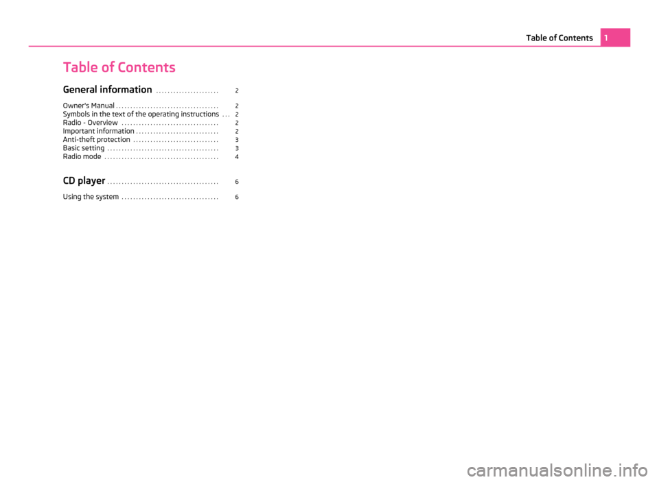 SKODA OCTAVIA 2011 2.G / (1Z) Blues Car Radio Manual Table of Contents
General information
 . . . . . . . . . . . . . . . . . . . . . . 2
Owners Manual  . . . . . . . . . . . . . . . . . . . . . . . . . . . . . . . . . . . . 2
Symbols in the text of th