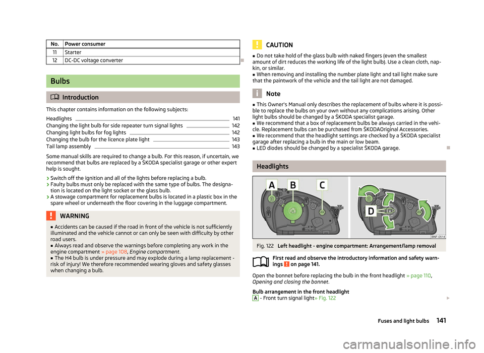 SKODA CITIGO 2012 1.G Owners Manual No. Power consumer
11 Starter
12 DC-DC voltage converter Ð
Bulbs
ä
Introduction
This chapter contains information on the following subjects:
Headlights 141
Changing the light bulb for side repeater SKODA CITIGO 2012 1.G Owners Manual No. Power consumer
11 Starter
12 DC-DC voltage converter Ð
Bulbs
ä
Introduction
This chapter contains information on the following subjects:
Headlights 141
Changing the light bulb for side repeater