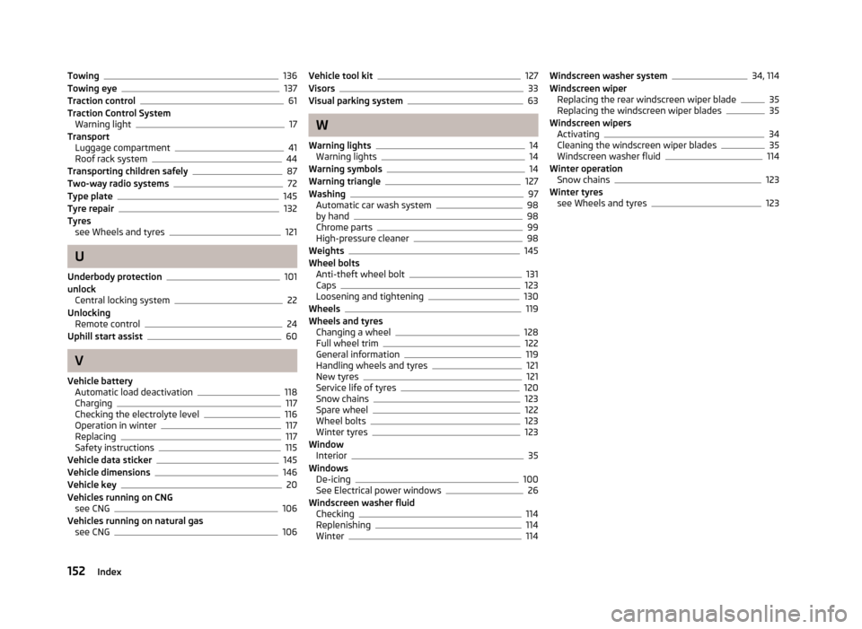 SKODA CITIGO 2012 1.G Owners Manual Towing 136
Towing eye 137
Traction control 61
Traction Control System Warning light 17
Transport Luggage compartment 41
Roof rack system 44
Transporting children safely 87
Two-way radio systems 72
Typ