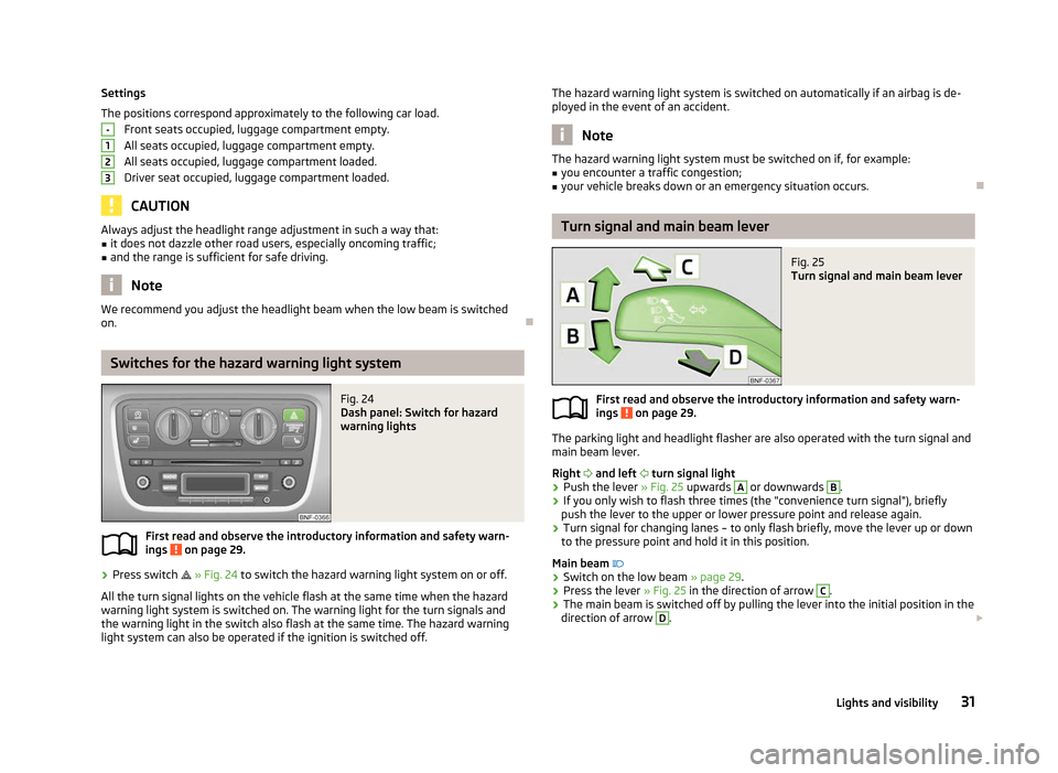 SKODA CITIGO 2012 1.G Owners Guide Settings
The positions correspond approximately to the following car load.
Front seats occupied, luggage compartment empty.
All seats occupied, luggage compartment empty.
All seats occupied, luggage c SKODA CITIGO 2012 1.G Owners Guide Settings
The positions correspond approximately to the following car load.
Front seats occupied, luggage compartment empty.
All seats occupied, luggage compartment empty.
All seats occupied, luggage c