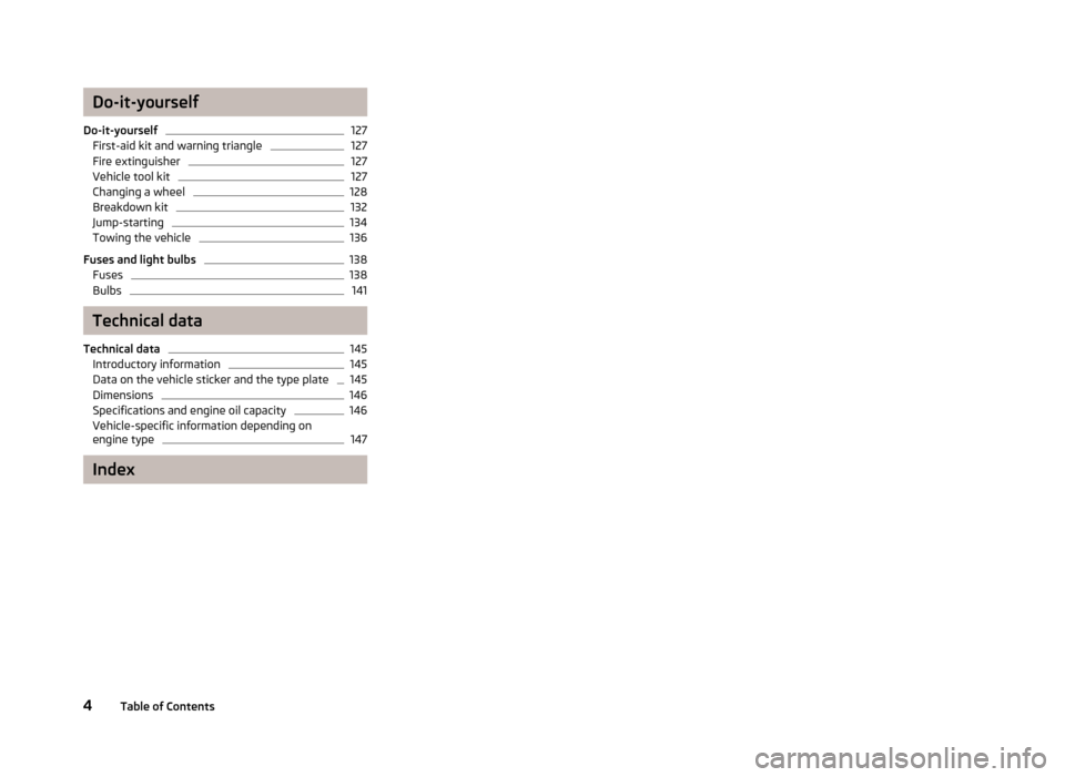 SKODA CITIGO 2012 1.G Owners Manual Do-it-yourself
Do-it-yourself 127
First-aid kit and warning triangle 127
Fire extinguisher 127
Vehicle tool kit 127
Changing a wheel 128
Breakdown kit 132
Jump-starting 134
Towing the vehicle 136
Fuse