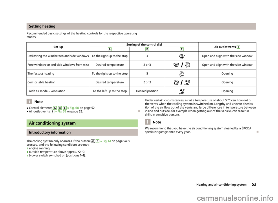 SKODA CITIGO 2012 1.G Owners Manual Setting heating
Recommended basic settings of the heating controls for the respective operating
modes:
Set-up Setting of the control dial
Air outlet vents  1
A B C
Defrosting the windscreen and side w