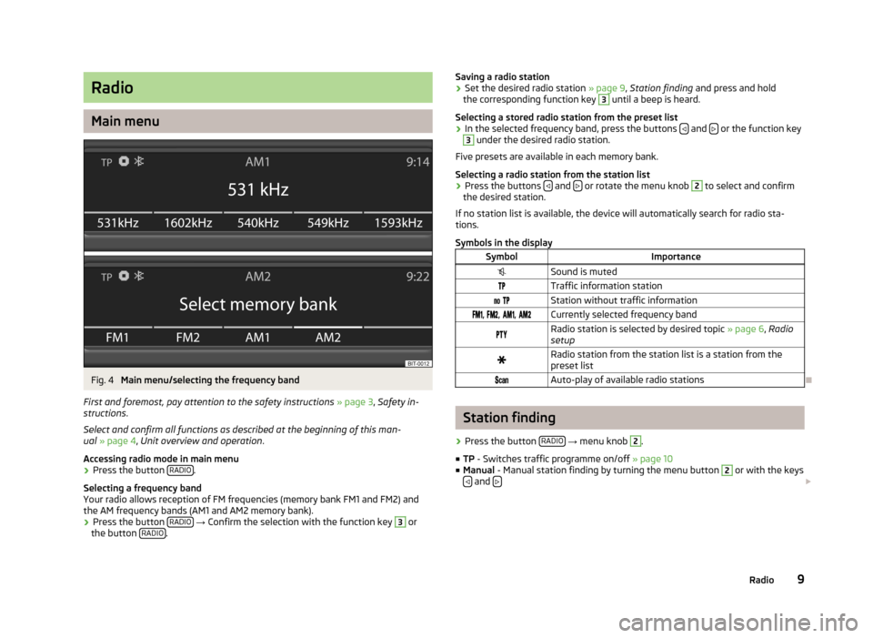 SKODA OCTAVIA 2012 2.G / (1Z) Blues Car Radio Manual Radio
Main menu
Fig. 4 
Main menu/selecting the frequency band
First and foremost, pay attention to the safety instructions  » page 3 , Safety in-
structions .
Select and confirm all functions as des