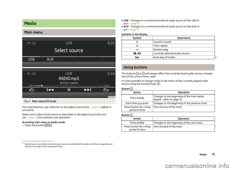 SKODA OCTAVIA 2012 2.G / (1Z) Blues Car Radio Manual Media
Main menu
Fig. 5 
Main menu/CD mode
First and foremost, pay attention to the safety instructions  » page 3 , Safety in-
structions .
Select and confirm all functions as described at the beginni