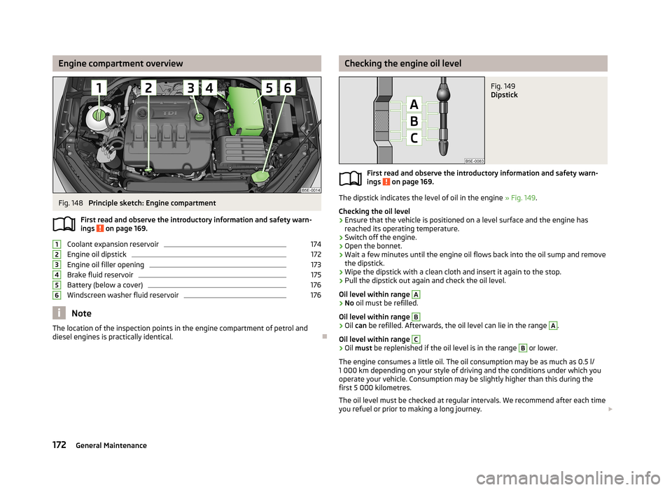 SKODA OCTAVIA 2012 2.G / (1Z) Owners Manual Engine compartment overviewFig. 148 
Principle sketch: Engine compartment
First read and observe the introductory information and safety warn- ings 
 on page 169.
Coolant expansion reservoir
174
Engin
