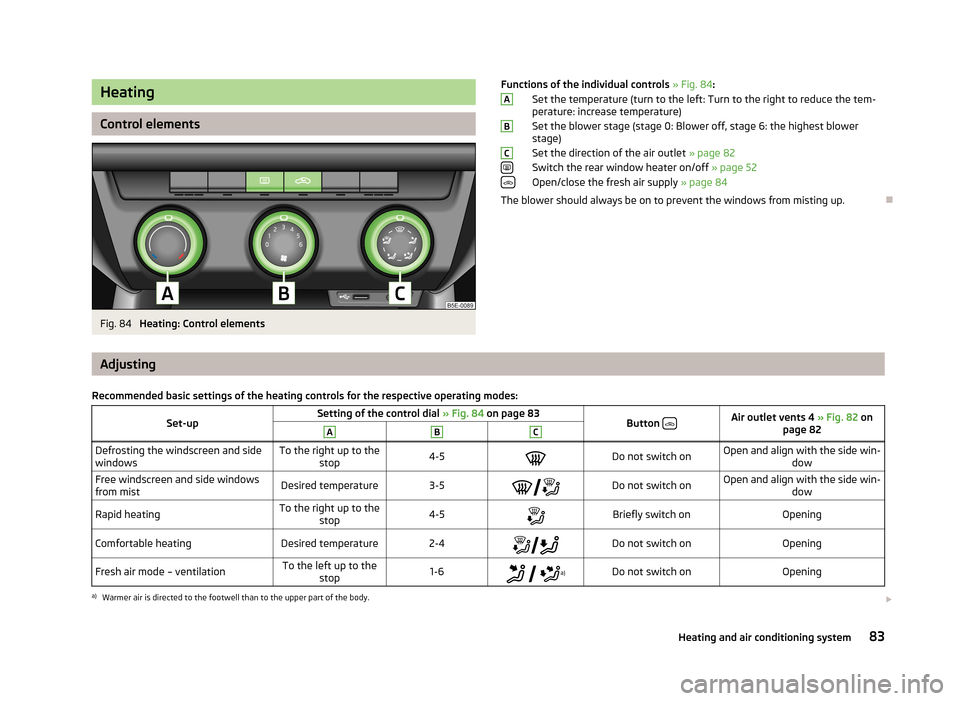 SKODA OCTAVIA 2012 3.G / (5E) Owners Manual Heating
Control elements
Fig. 84 
Heating: Control elements
Functions of the individual controls » Fig. 84 :
Set the temperature (turn to the left: Turn to the right to reduce the tem-
perature: incr