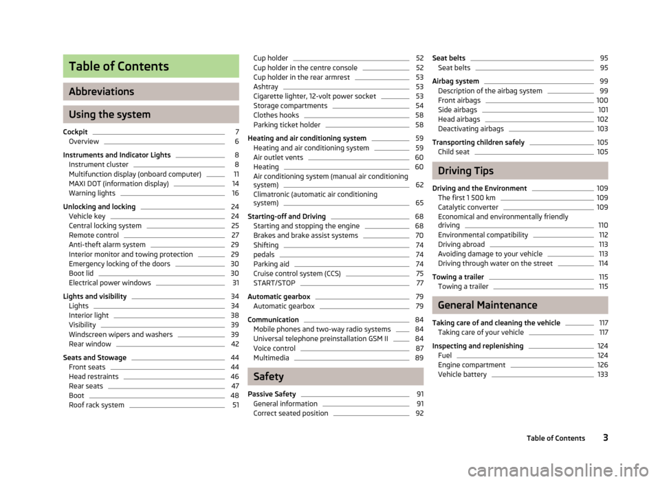 SKODA RAPID 2012 1.G Owners Manual Table of Contents
Abbreviations
Using the system
Cockpit 7
Overview 6
Instruments and Indicator Lights 8
Instrument cluster 8
Multifunction display (onboard computer) 11
MAXI DOT (information display)