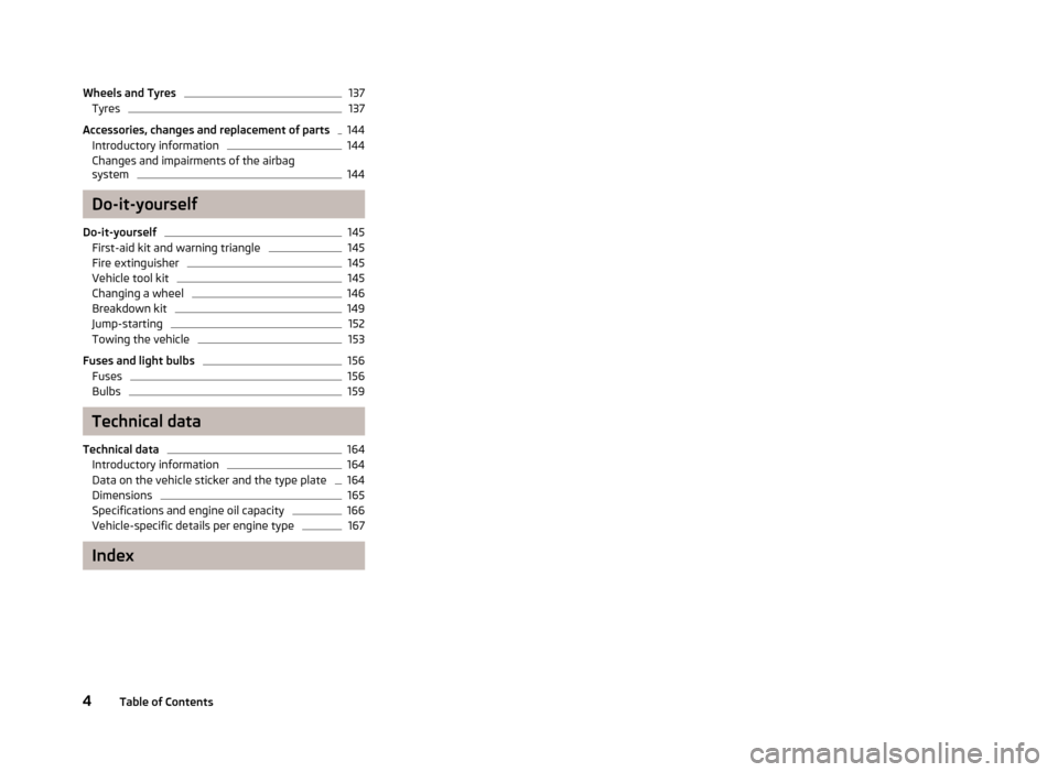 SKODA RAPID 2012 1.G Owners Manual Wheels and Tyres 137
Tyres 137
Accessories, changes and replacement of parts 144
Introductory information 144
Changes and impairments of the airbag
system 144
Do-it-yourself
Do-it-yourself 145
First-a