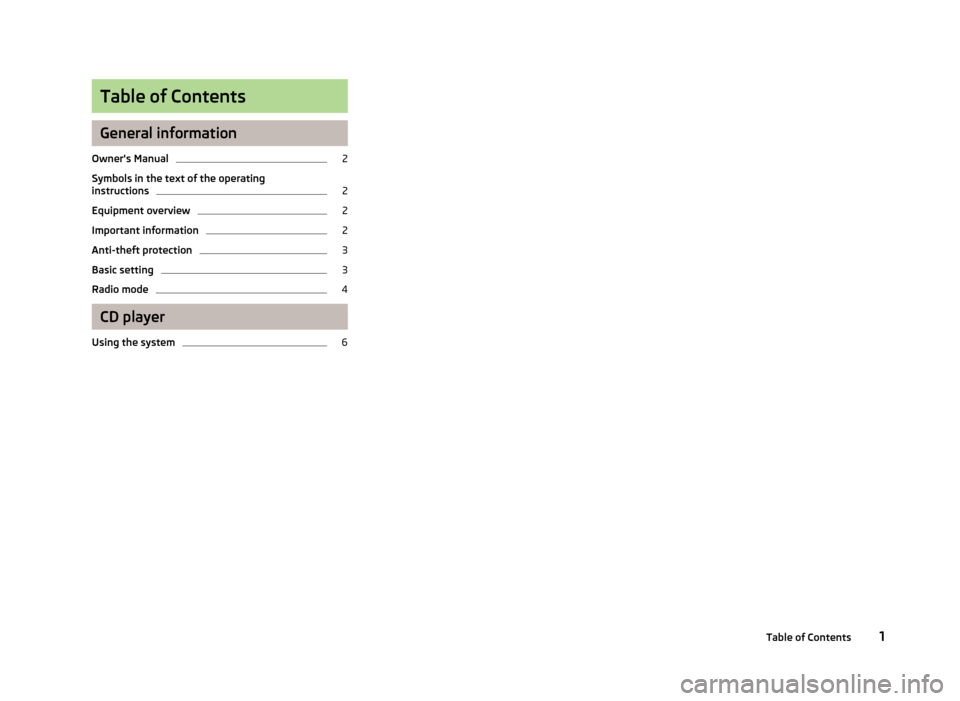 SKODA YETI 2012 1.G / 5L Swing Car Radio Manual Table of Contents
General information
Owners Manual
2
Symbols in the text of the operatinginstructions
2
Equipment overview
2
Important information
2
Anti-theft protection
3
Basic setting
3
Radio mod