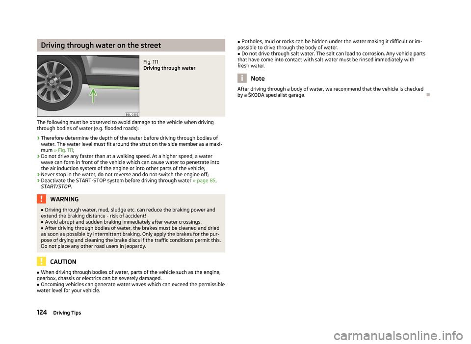 SKODA ROOMSTER 2012 1.G User Guide Driving through water on the street
Fig. 111
Driving through water
The following must be observed to avoid damage to the vehicle when driving
through bodies of water (e.g. flooded roads):
› Therefo SKODA ROOMSTER 2012 1.G User Guide Driving through water on the street
Fig. 111
Driving through water
The following must be observed to avoid damage to the vehicle when driving
through bodies of water (e.g. flooded roads):
› Therefo