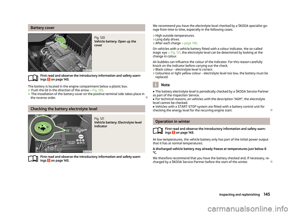 SKODA ROOMSTER 2012 1.G Owners Guide Battery cover
Fig. 120
Vehicle battery: Open up the
cover
First read and observe the introductory information and safety warn-
ings on page 143.
The battery is located in the engine compartment bel SKODA ROOMSTER 2012 1.G Owners Guide Battery cover
Fig. 120
Vehicle battery: Open up the
cover
First read and observe the introductory information and safety warn-
ings on page 143.
The battery is located in the engine compartment bel