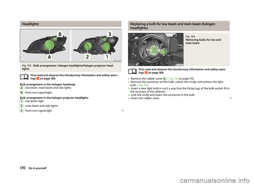 SKODA ROOMSTER 2012 1.G Owners Manual Headlights
Fig. 143 
Bulb arrangement: Halogen headlights/halogen projector head-
lights
First read and observe the introductory information and safety warn-
ings   on page 169.
Bulb arrangement in th