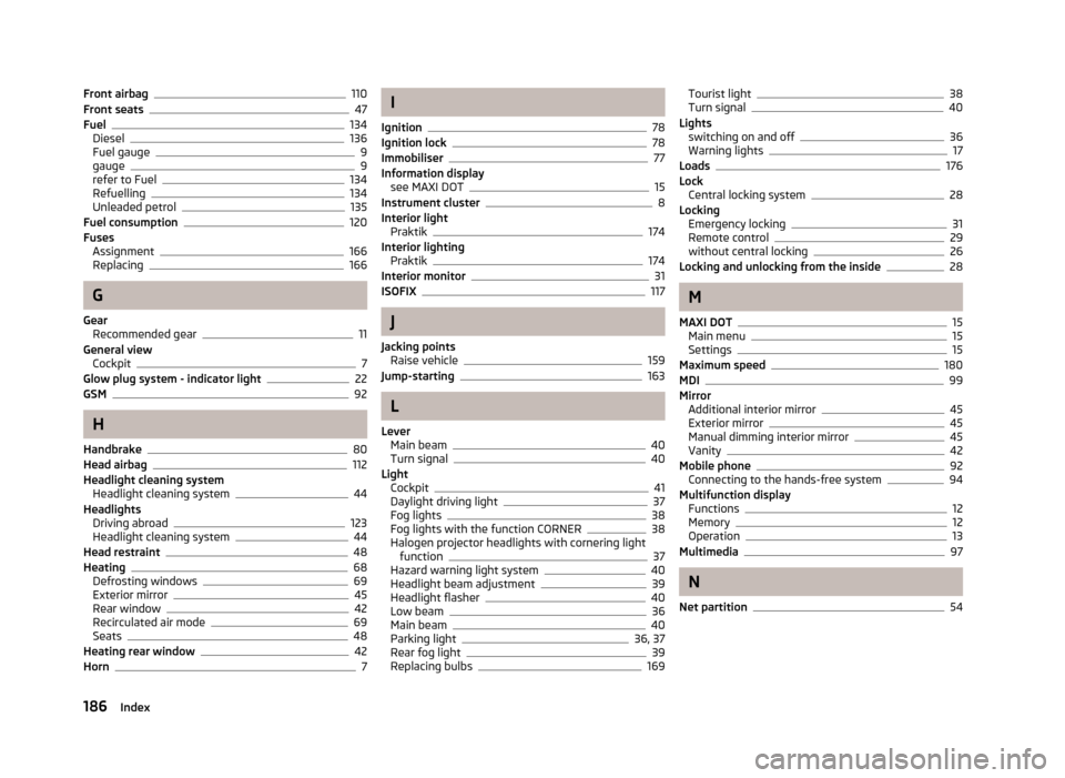 SKODA ROOMSTER 2012 1.G Owners Manual Front airbag 110
Front seats 47
Fuel 134
Diesel 136
Fuel gauge 9
gauge 9
refer to Fuel 134
Refuelling 134
Unleaded petrol 135
Fuel consumption 120
Fuses Assignment 166
Replacing 166
G
Gear Recommended
