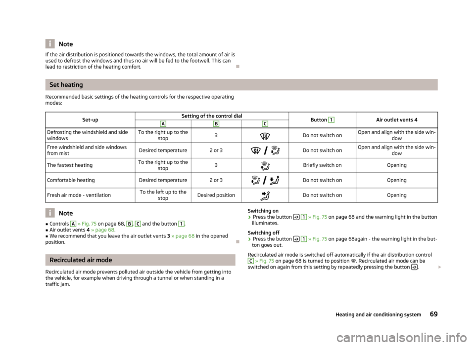 SKODA ROOMSTER 2012 1.G Manual PDF Note
If the air distribution is positioned towards the windows, the total amount of air is
used to defrost the windows and thus no air will be fed to the footwell. This can
lead to restriction of the 