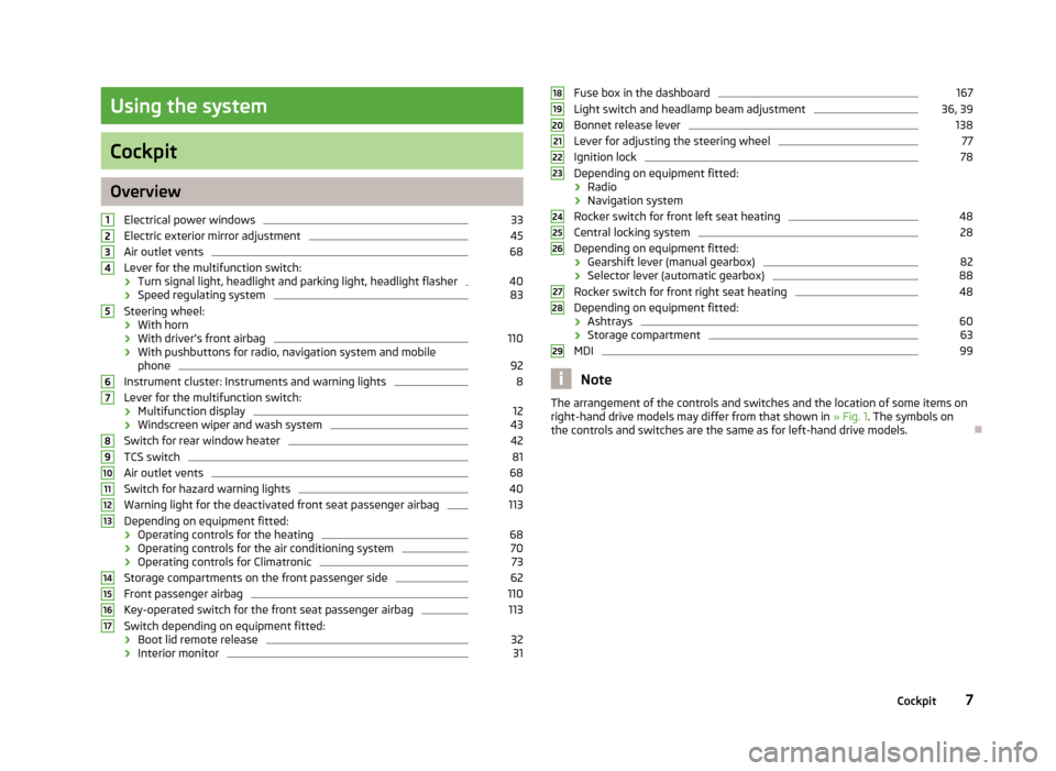 SKODA ROOMSTER 2012 1.G Owners Manual Using the system
Cockpit
Overview
Electrical power windows 33
Electric exterior mirror adjustment 45
Air outlet vents 68
Lever for the multifunction switch:
› Turn signal light, headlight and parkin