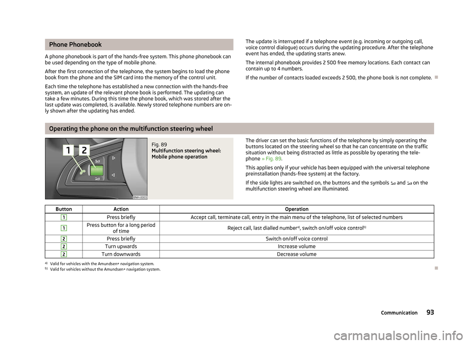 SKODA ROOMSTER 2012 1.G Owners Manual Phone Phonebook
A phone phonebook is part of the hands-free system. This phone phonebook can
be used depending on the type of mobile phone.
After the first connection of the telephone, the system begi