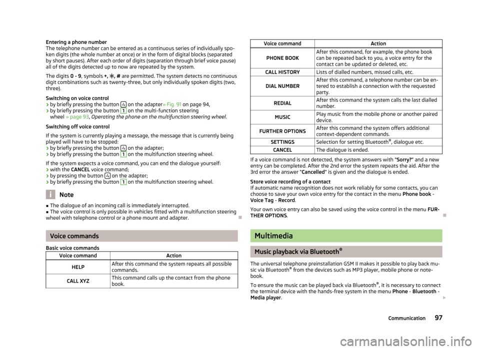 SKODA ROOMSTER 2012 1.G Owners Manual Entering a phone number
The telephone number can be entered as a continuous series of individually spo-
ken digits (the whole number at once) or in the form of digital blocks (separated
by short pause