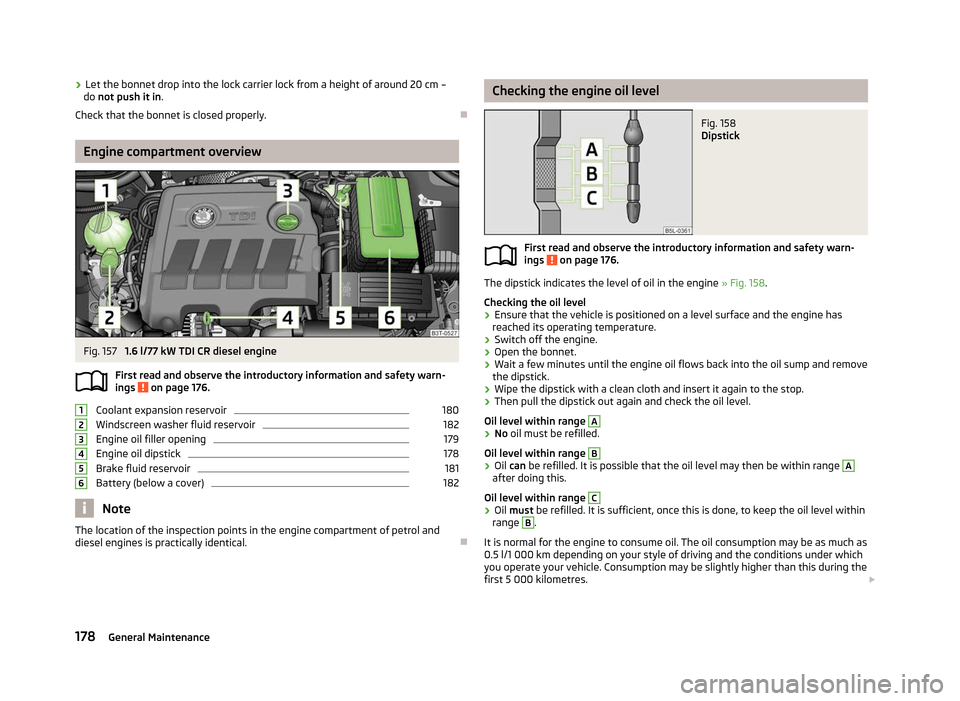 SKODA SUPERB 2012 2.G / (B6/3T) Owners Manual ›
Let the bonnet drop into the lock carrier lock from a height of around 20 cm –
do not push it in .
Check that the bonnet is closed properly. ÐEngine compartment overview
Fig. 157 
1.6 l/77 kW T