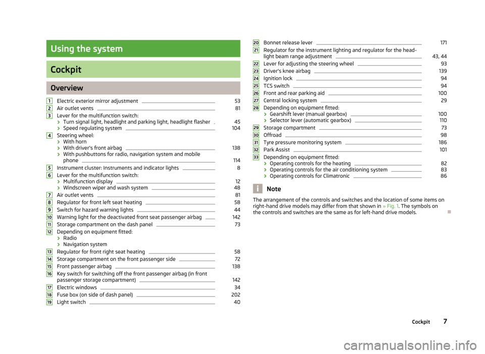 SKODA YETI 2012 1.G / 5L Owners Manual Using the system
Cockpit
Overview
Electric exterior mirror adjustment 53
Air outlet vents 81
Lever for the multifunction switch:
› Turn signal light, headlight and parking light, headlight flasher 4