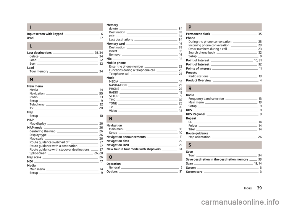 SKODA YETI 2012 1.G / 5L Columbus Navigation System Manual I
Input screen with keypad 6
iPod 17
L
Last destinations 31, 34
delete 34
Load 32
Sort 32
Load Tour memory 34
M
Main menu Media 14
Navigation 30
Radio 13
Setup 9
Telephone 22
TV 20
Map Setup 10
MAP Ma