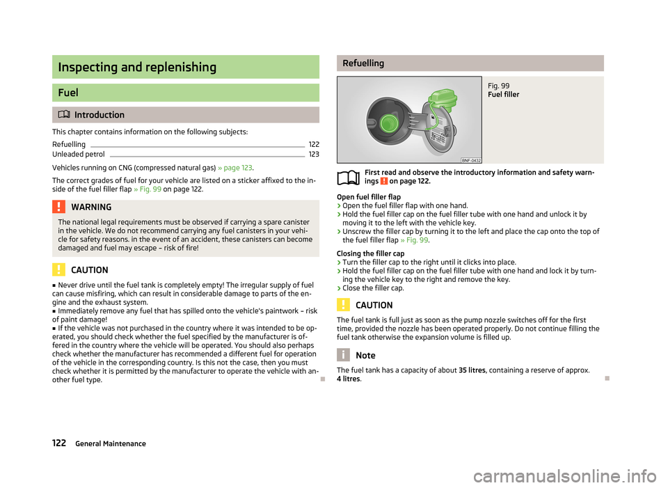 SKODA CITIGO 2013 1.G Owners Manual Inspecting and replenishing
Fuel
Introduction
This chapter contains information on the following subjects:
Refuelling
122
Unleaded petrol
123
Vehicles running on CNG (compressed natural gas) » pa SKODA CITIGO 2013 1.G Owners Manual Inspecting and replenishing
Fuel
Introduction
This chapter contains information on the following subjects:
Refuelling
122
Unleaded petrol
123
Vehicles running on CNG (compressed natural gas) » pa