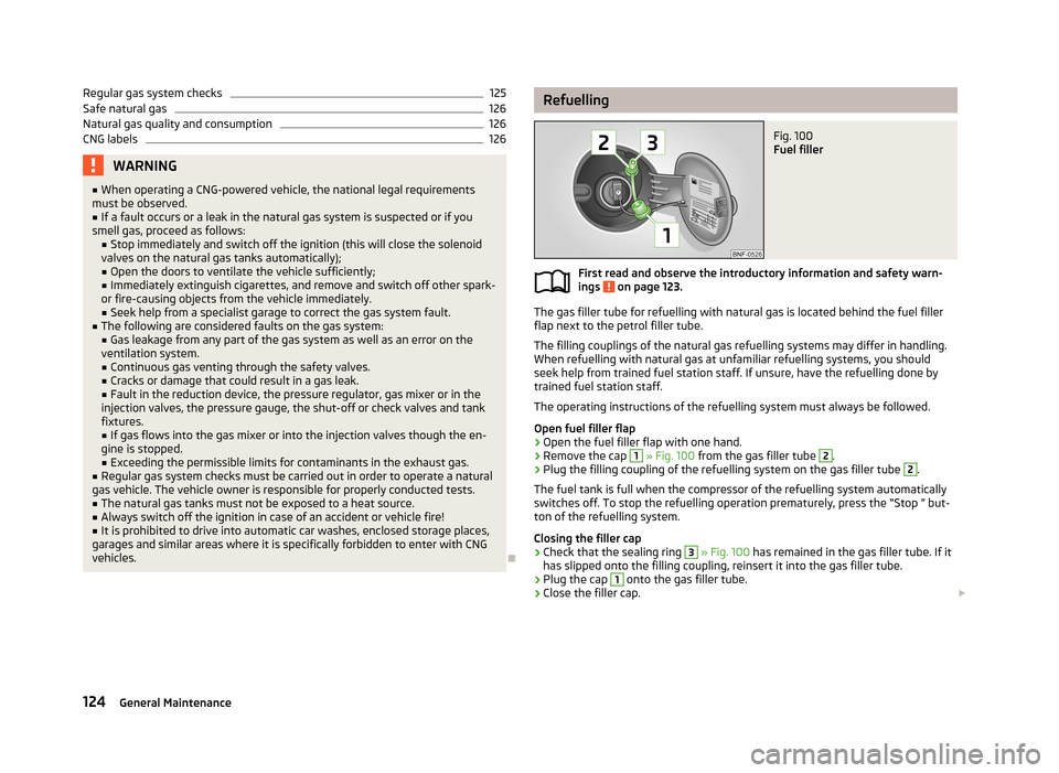 SKODA CITIGO 2013 1.G Owners Manual Regular gas system checks125Safe natural gas126
Natural gas quality and consumption
126
CNG labels
126WARNING■When operating a CNG-powered vehicle, the national legal requirements
must be observed.�