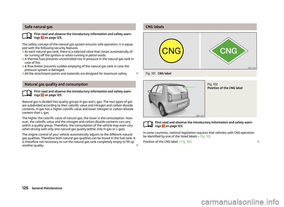 SKODA CITIGO 2013 1.G Owners Manual Safe natural gasFirst read and observe the introductory information and safety warn-ings 
 on page 123.
The safety concept of the natural gas system ensures safe operation. It is equip-
ped with the f