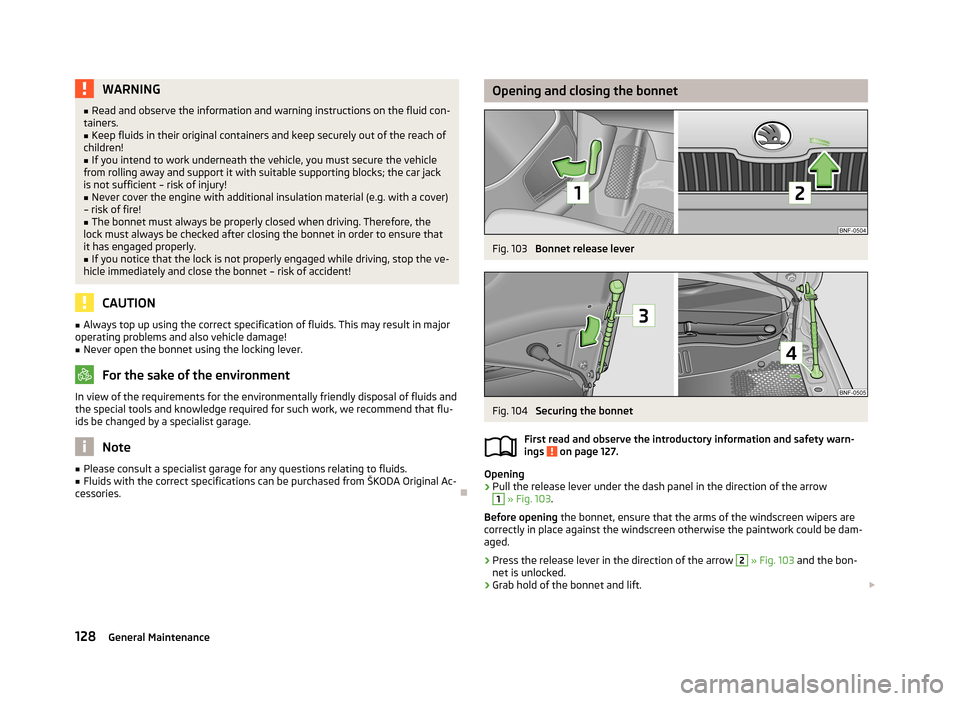 SKODA CITIGO 2013 1.G Owners Manual WARNING■Read and observe the information and warning instructions on the fluid con-
tainers.■
Keep fluids in their original containers and keep securely out of the reach of
children!
■
If you in